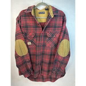 Vintage Pepe Jeans London Red Plaid Flannel Shirt With Brown Elbow Patches Large